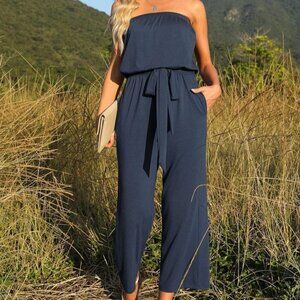 Casual Off Shoulder Solid Color Strapless Belted Wide Leg Jumpsuit Romper